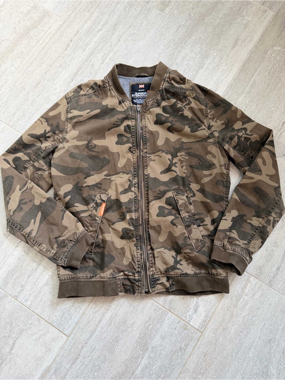 Superdry International Military Issue Camo Bomber Jacket Mens Large Cotton Zip